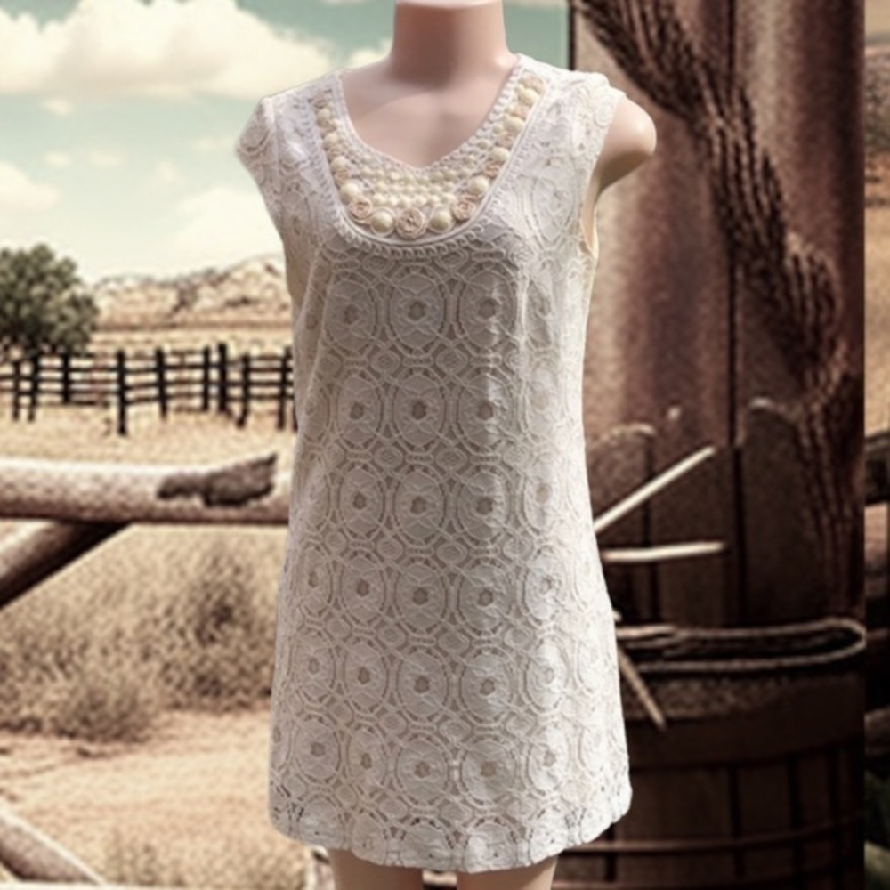 Sandra Darren Ivory Lace Pearl Beaded Sheath Dress Cocktail Wedding